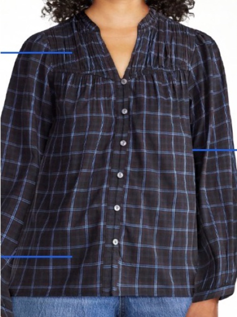 NWT Time and Tru Black and Blue Plaid Button-Front Blouse Size L 12-14